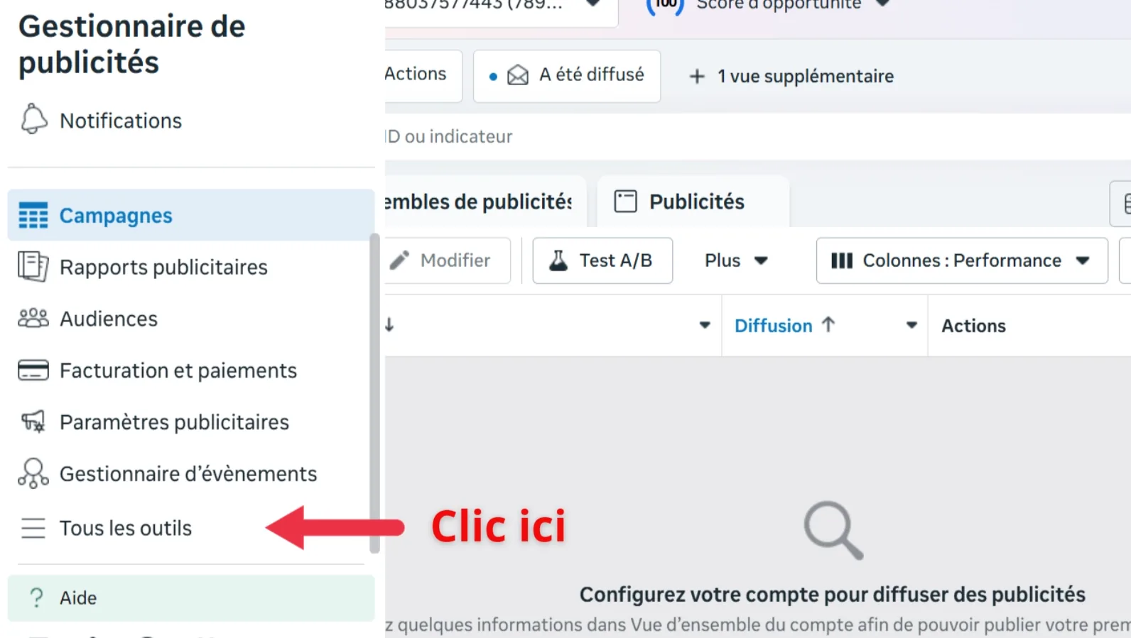 Menu 'Tous les outils' dans le Gestionnaire de publicités Meta avec flèche vers Paramètres d'entreprise