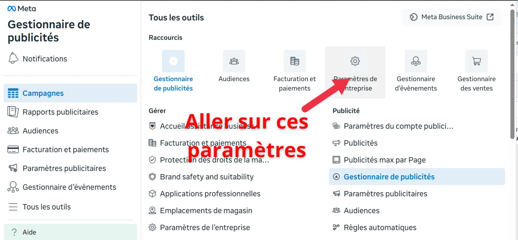 Interface Paramètres d'entreprise Business Manager avec liste des utilisateurs et menu Comptes