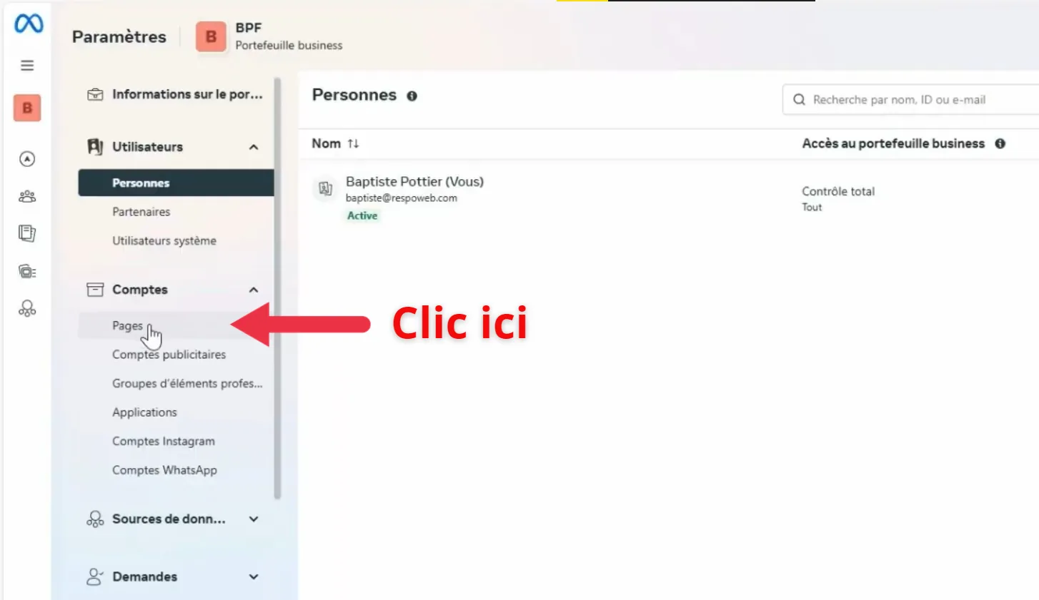 Menu latéral Paramètres d'entreprise avec flèche pointant vers l'onglet Pages sous Comptes