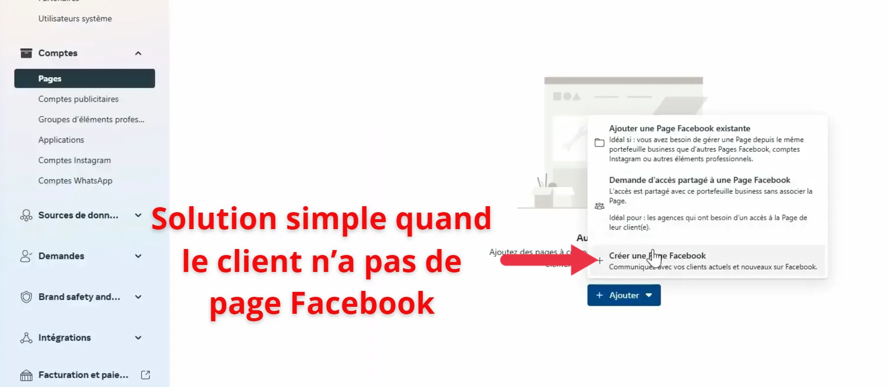 Menu déroulant avec les 3 options d'ajout de page Facebook dans Business Manager