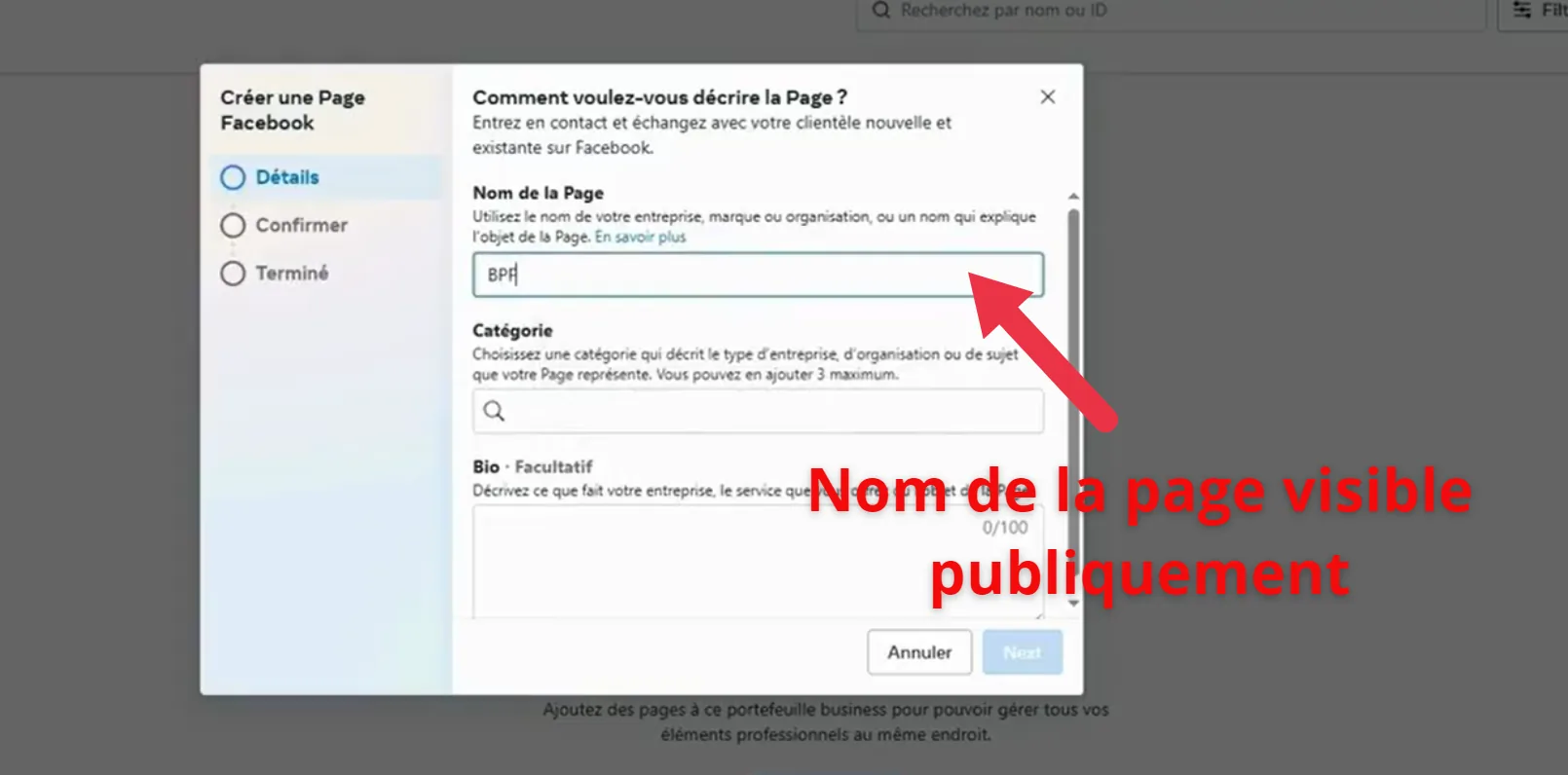 Formulaire de création d'une page Facebook dans Business Manager avec champs nom, catégorie et description