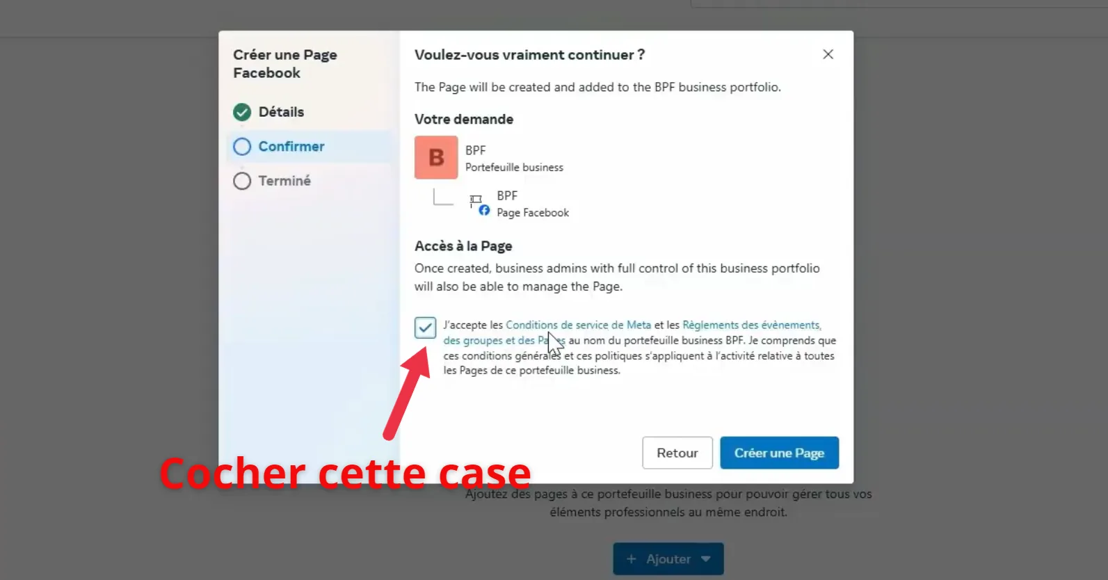 Fenêtre de confirmation création page Facebook avec case à cocher conditions de service Meta