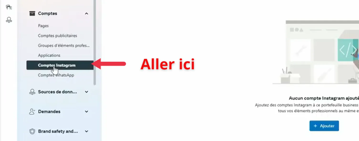 Menu Paramètres d'entreprise du Business Manager avec l'onglet Comptes Instagram sélectionné