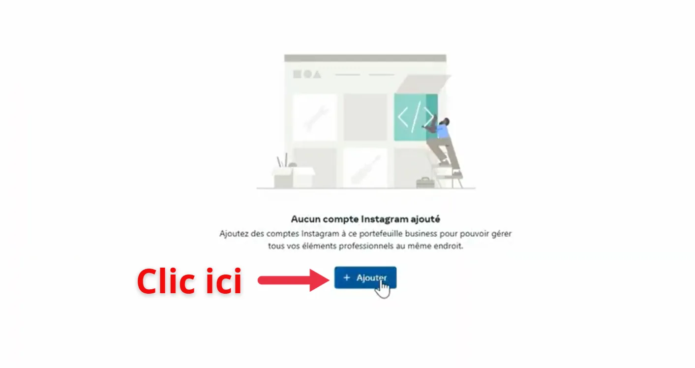 Page Comptes Instagram vide dans le Business Manager avec le bouton Ajouter pour lier un compte