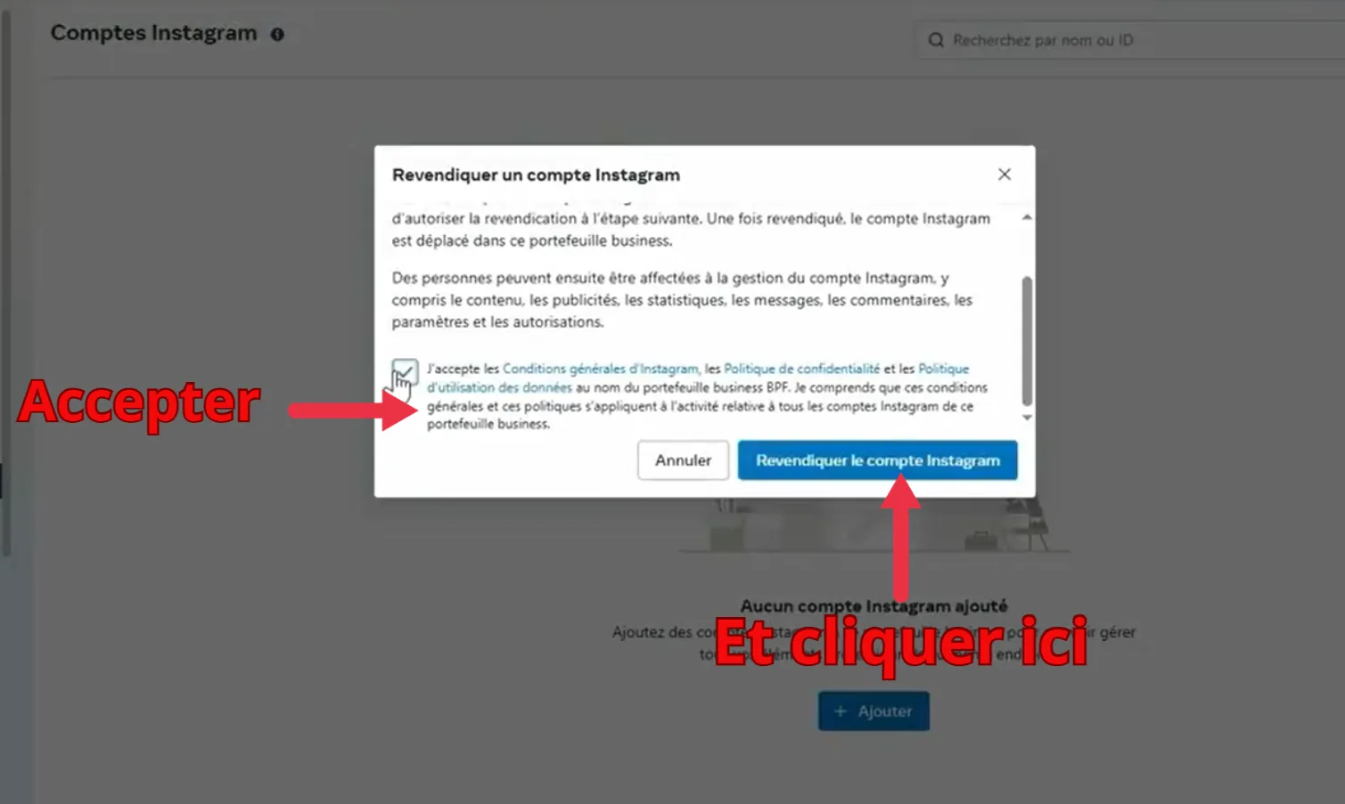 Fenêtre Revendiquer un compte Instagram dans le Business Manager avec les cases à cocher et le bouton de validation