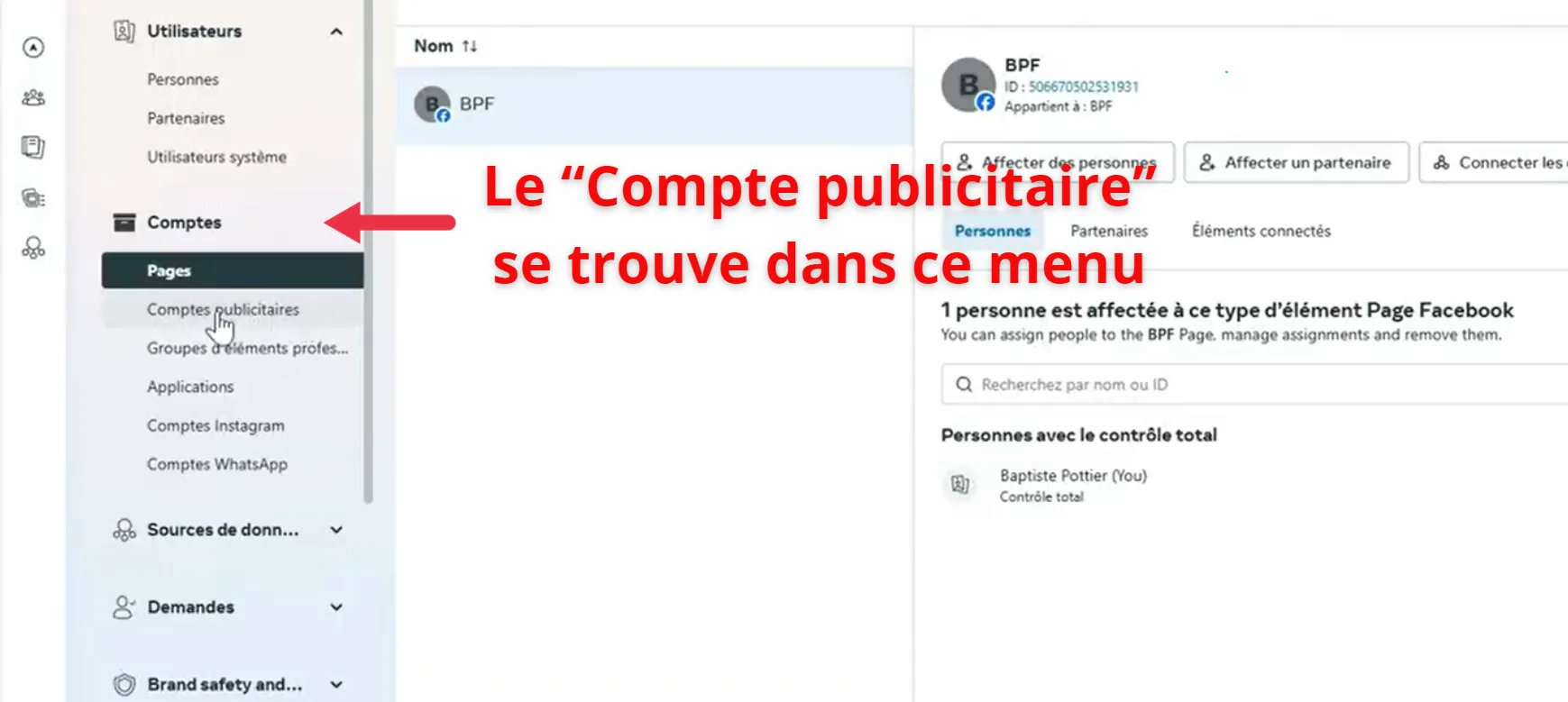 Menu Comptes publicitaires dans les Paramètres d'entreprise du Business Manager Meta