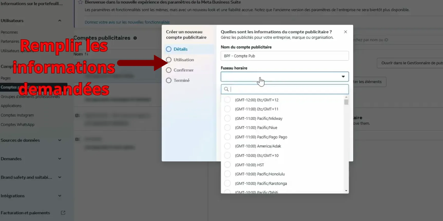 Formulaire d'ajout d'un moyen de paiement carte bancaire dans Meta Ads