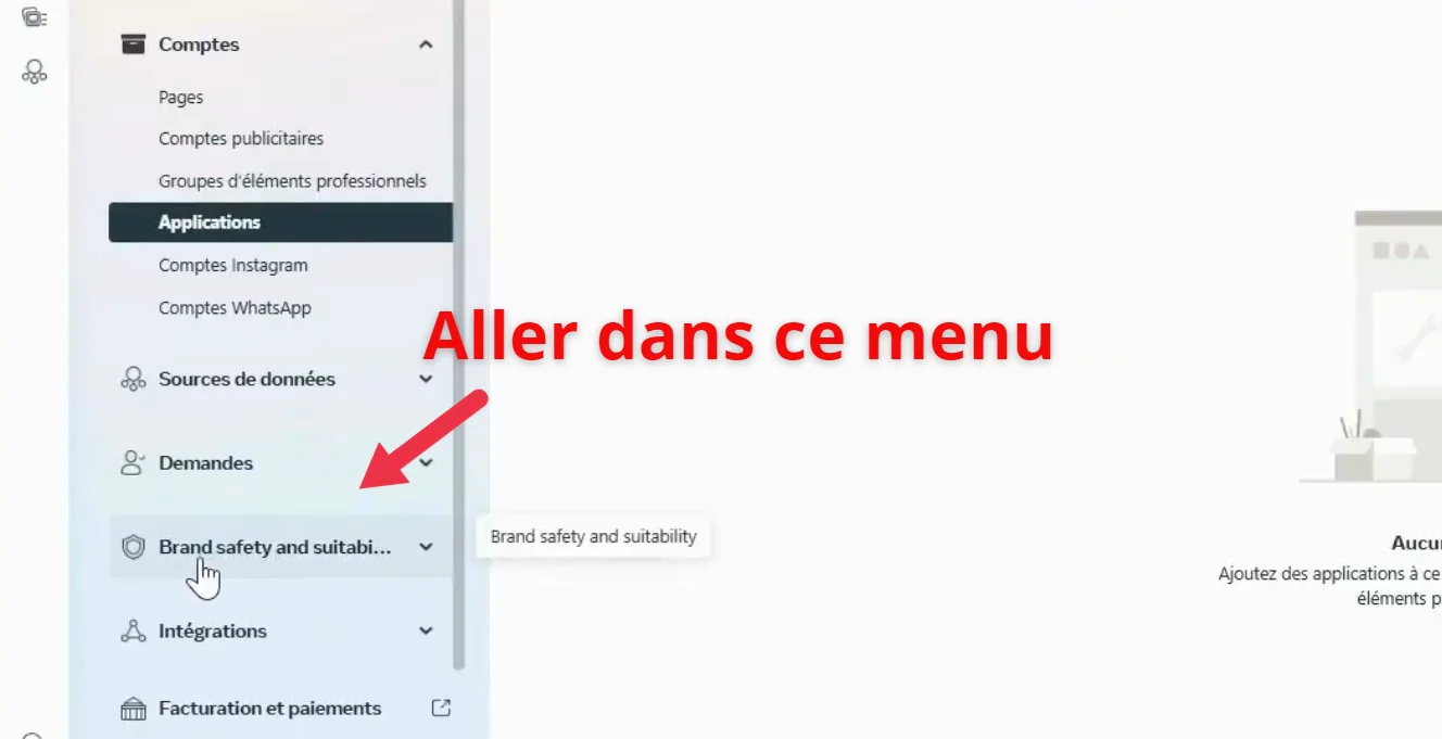 Menu Paramètres d'entreprise du Business Manager avec Brand Safety and Suitability mis en évidence