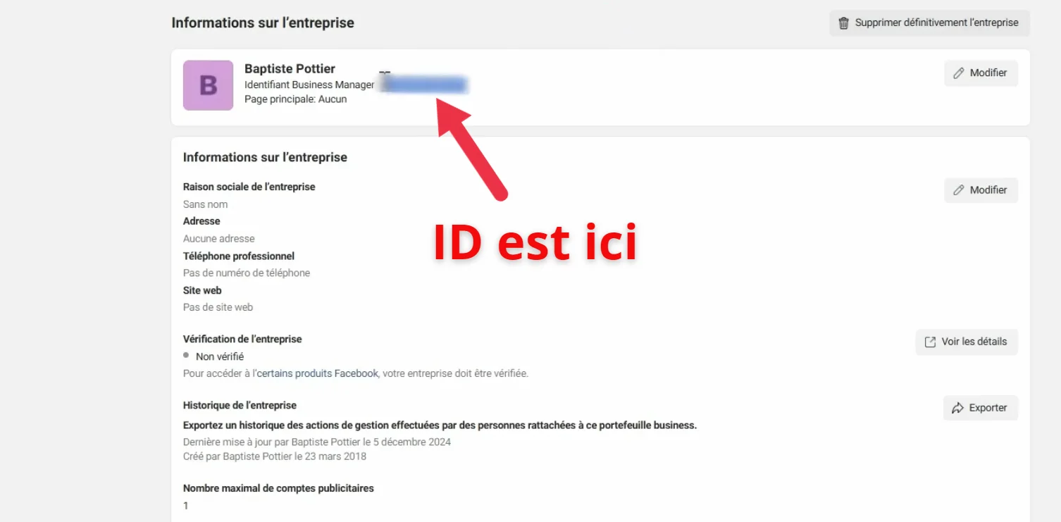 ID Business Manager visible dans la page Informations sur l'entreprise