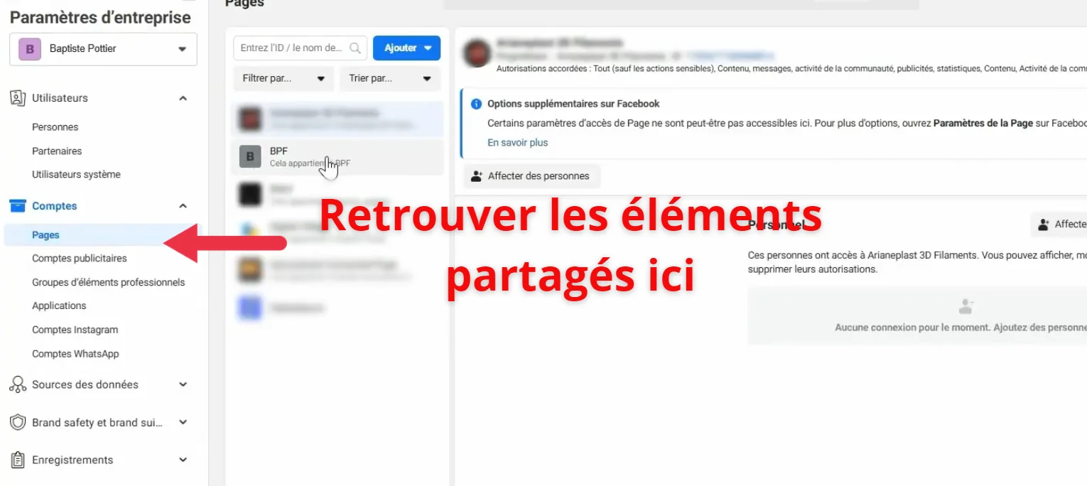 Retrouver les pages Facebook partagées dans le Business Manager du media buyer
