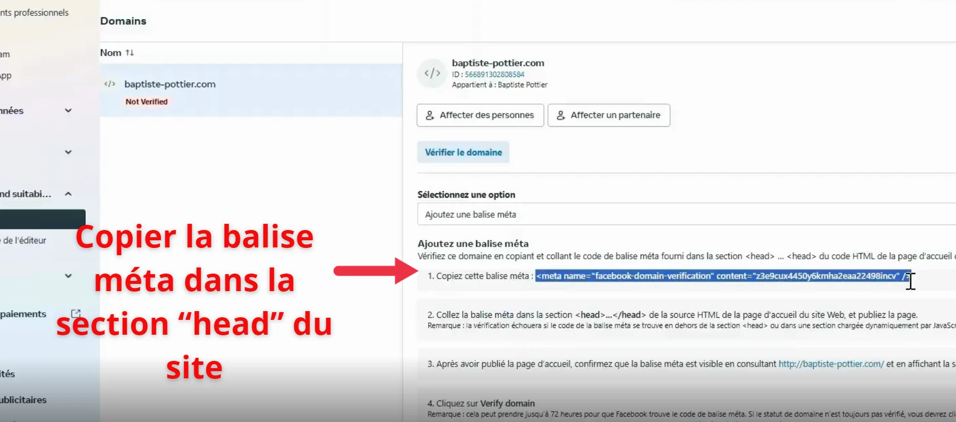 Domaine en statut Not Verified avec la balise meta Facebook domain verification à copier