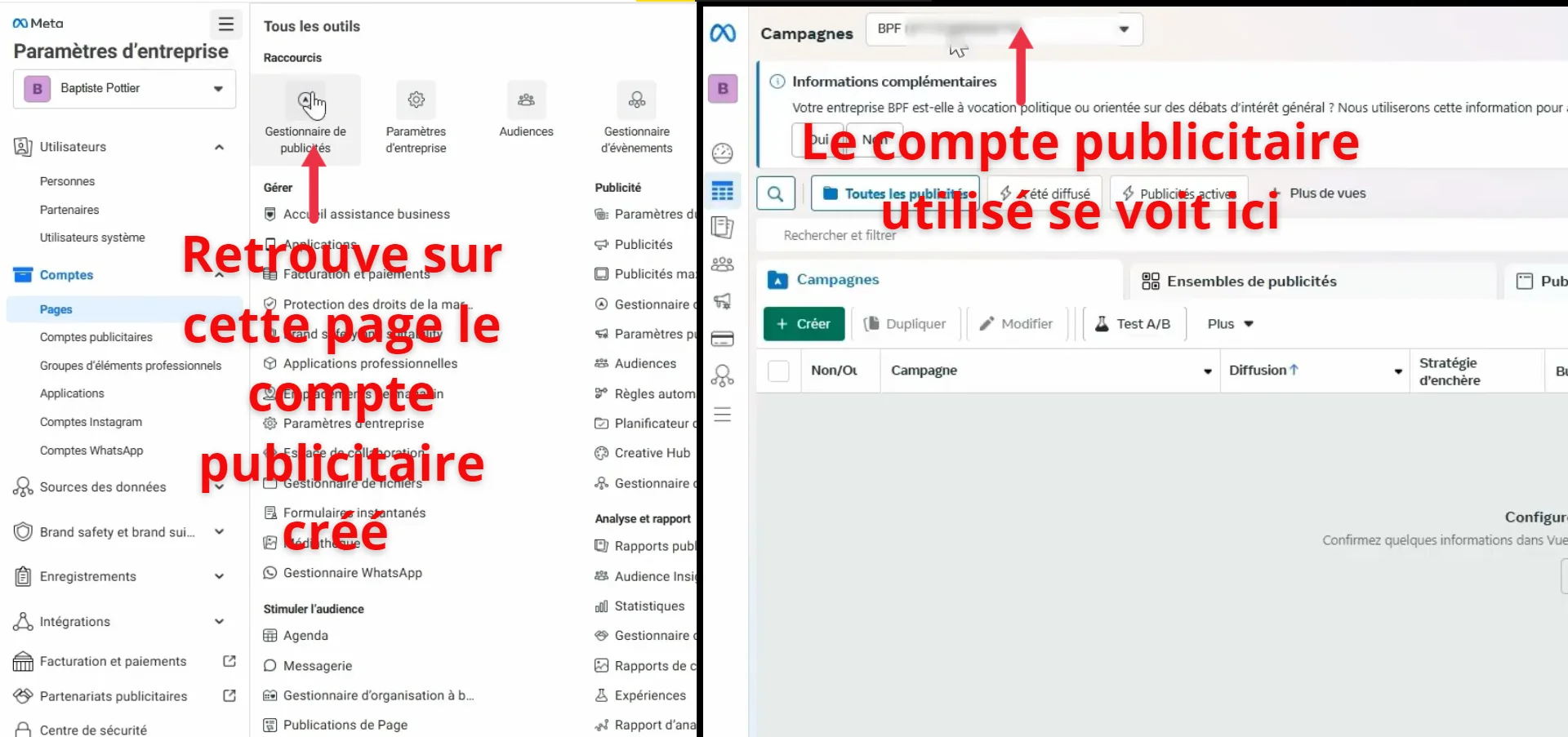 Gestionnaire de publicité Meta avec le compte publicitaire du client visible dans le menu déroulant