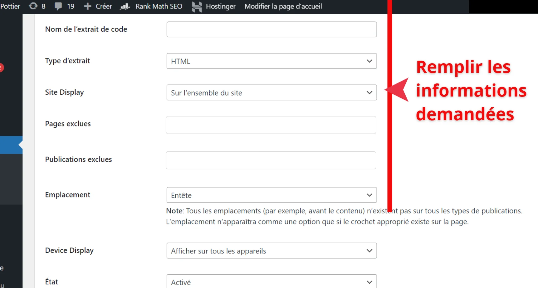 Formulaire HFCM avec les paramètres Type HTML Emplacement Entête et affichage sur tout le site
