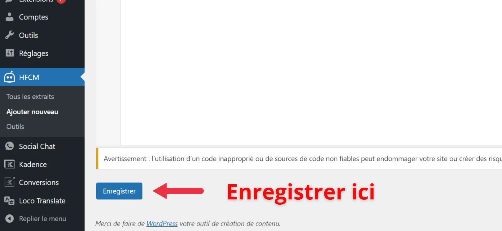 Bouton Enregistrer dans HFCM pour sauvegarder le snippet de vérification de domaine