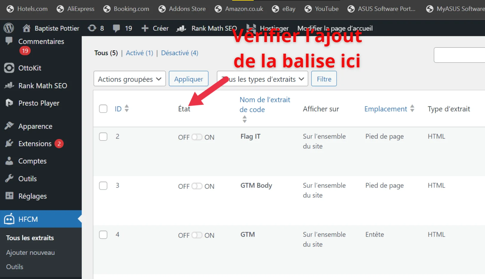 Liste des extraits HFCM avec le nouveau snippet de vérification domaine actif