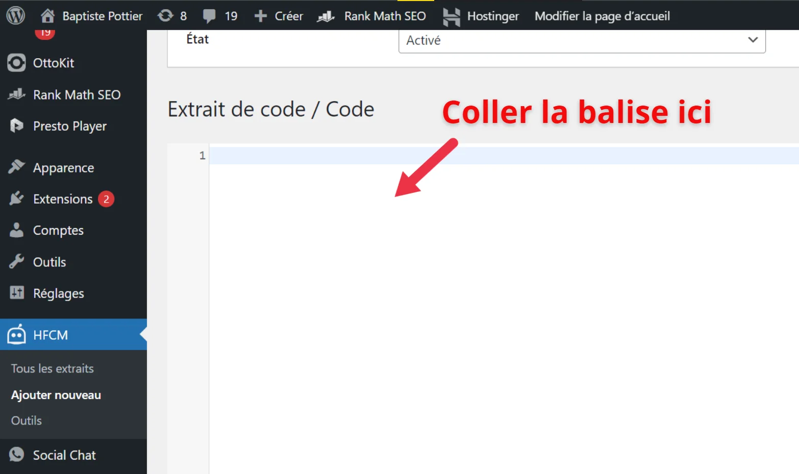 Zone de code HFCM pour coller la balise meta Facebook domain verification